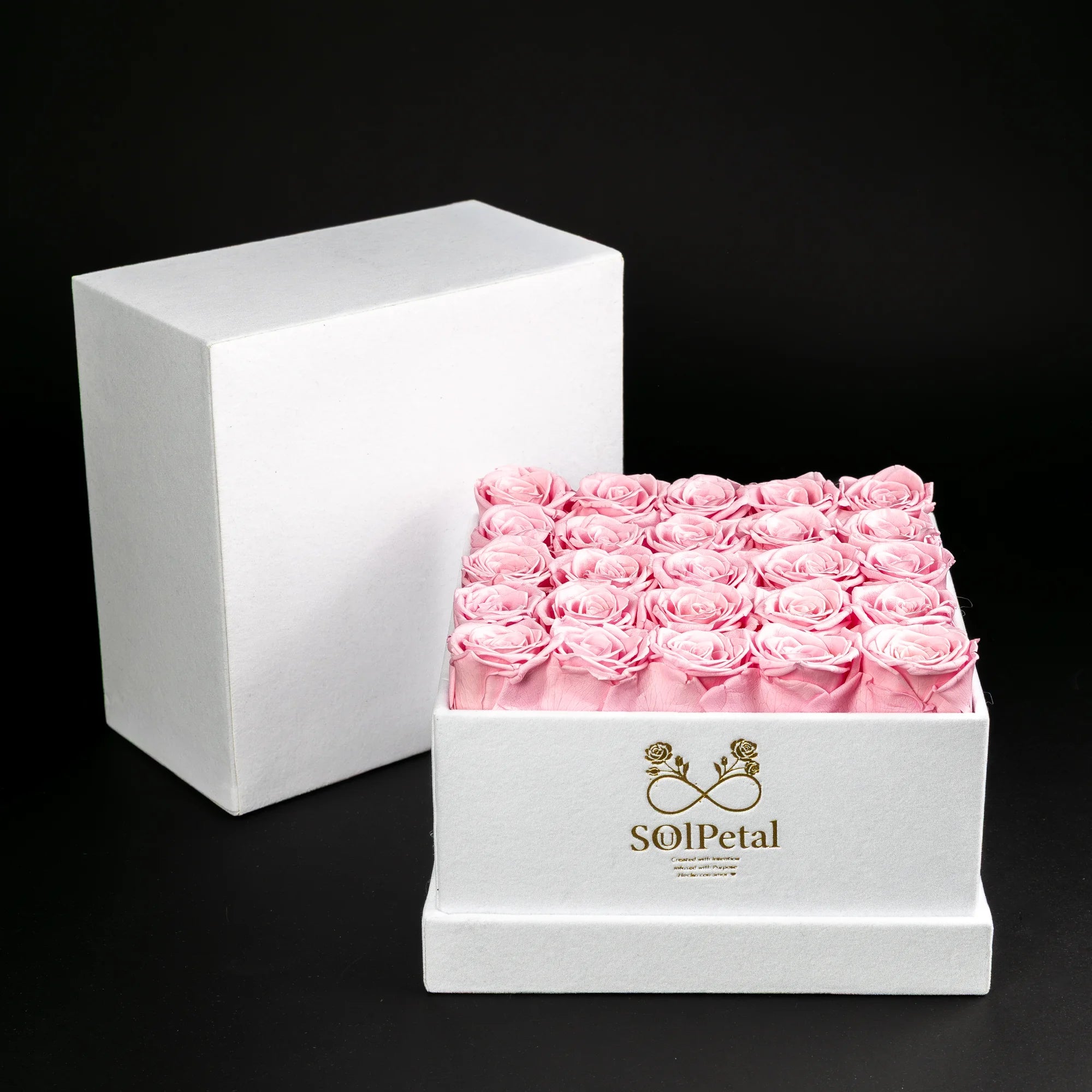 White box with 36 pink roses and SoulPetal logo on a black background