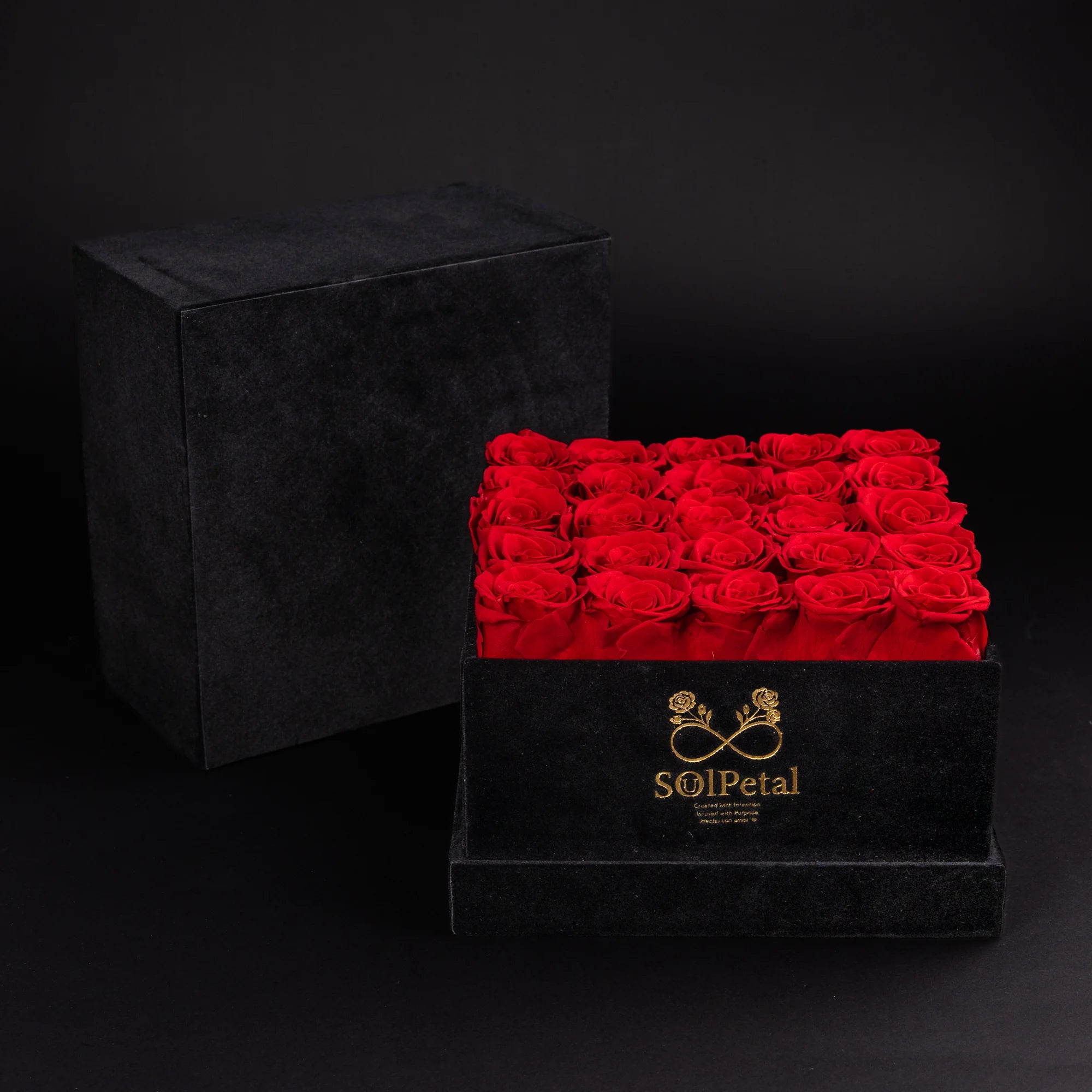 Black box with 25 red roses and SoulPetal branding on a black background