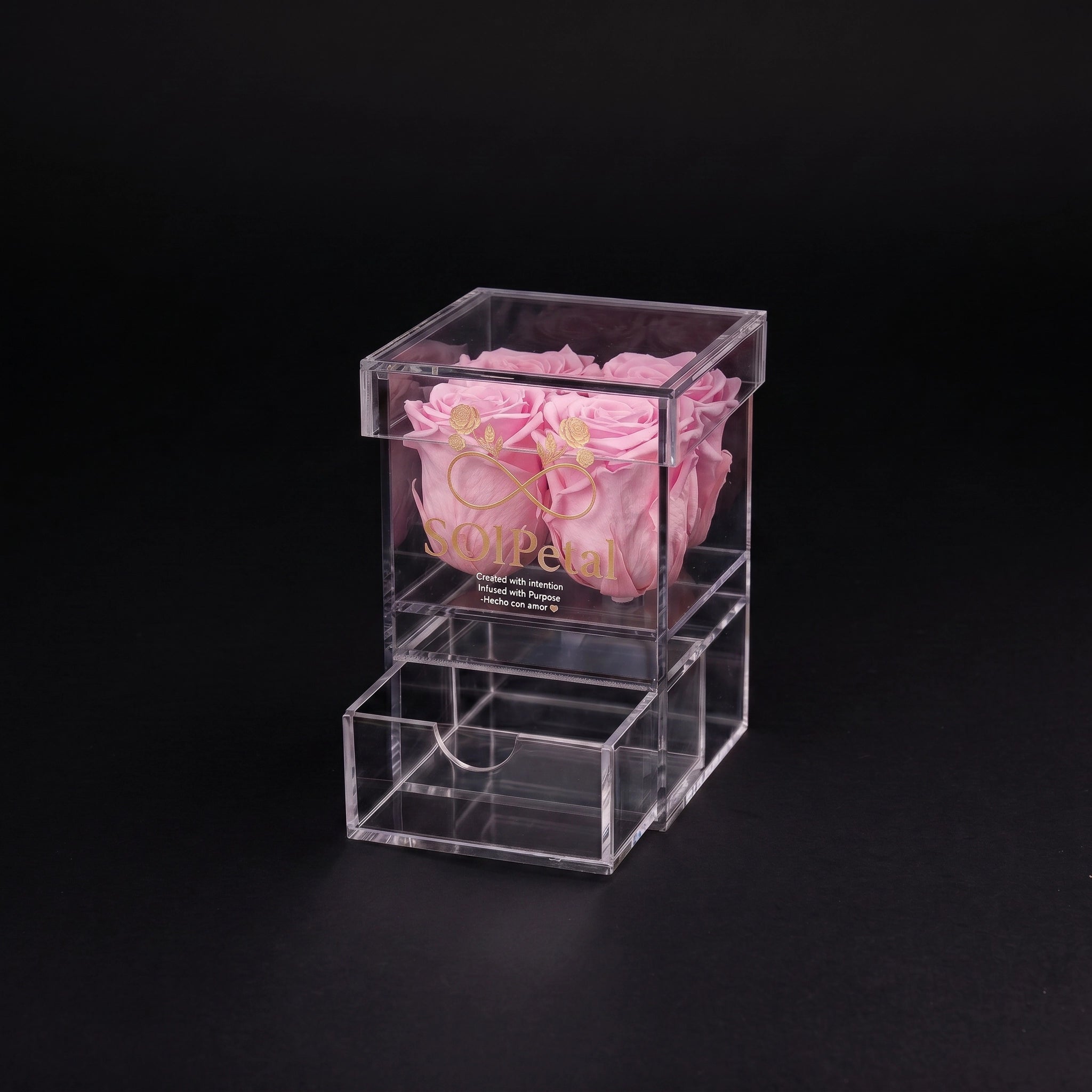 Clear acrylic box with 4 pink roses on a black background