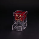 Clear box container with 4 red roses and SoulPetal  branding on a black background