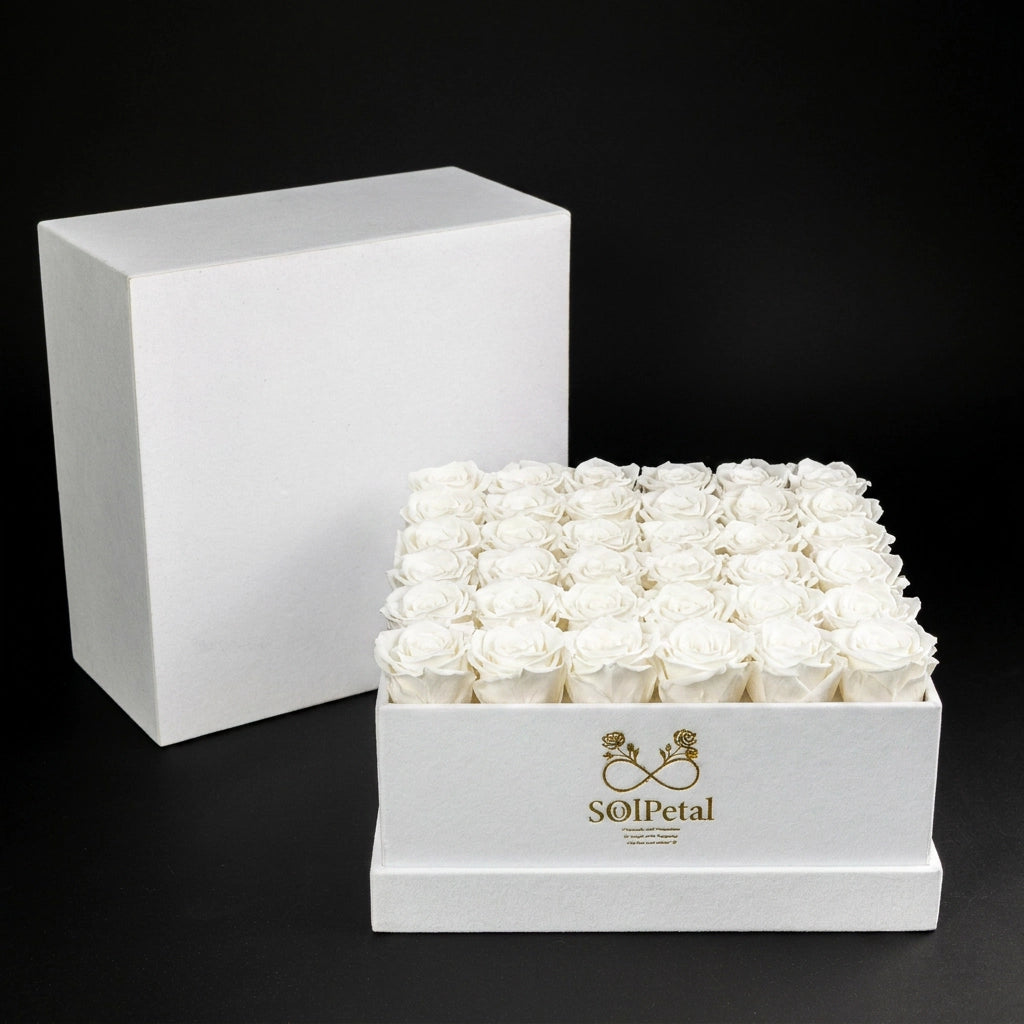 White box with 36 white roses and SoulPetal logo on a black background