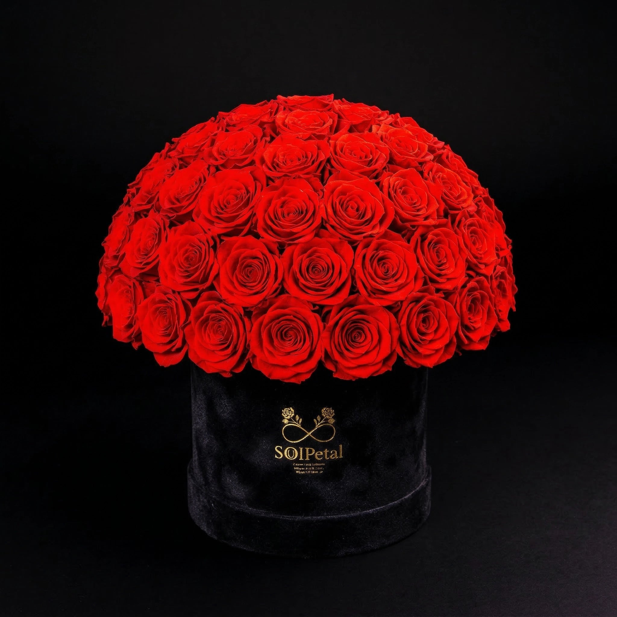 Black box with 45 red roses and SoulPetal  logo on a black background