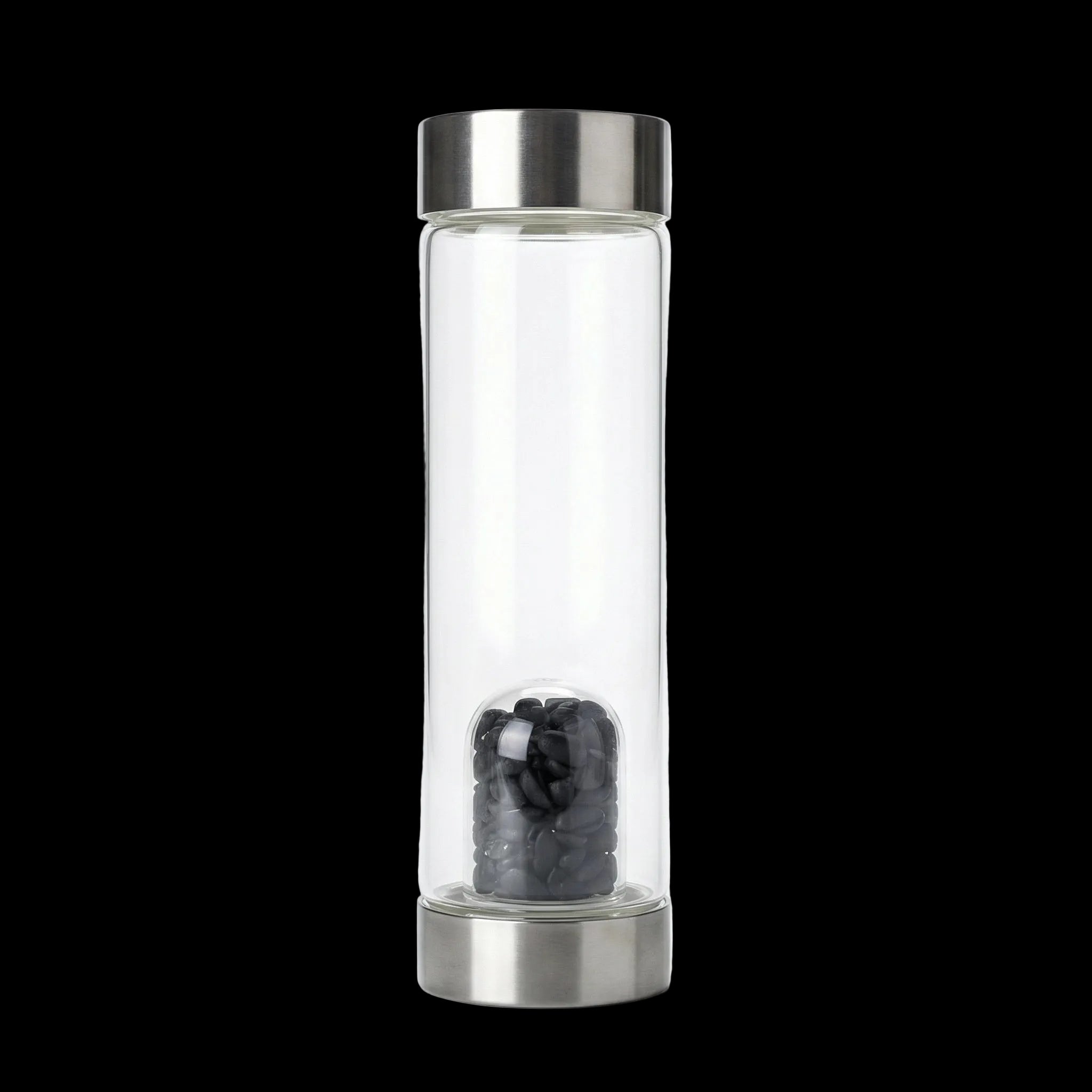 Clear glass bottle with metal cap and interior filter on a white background