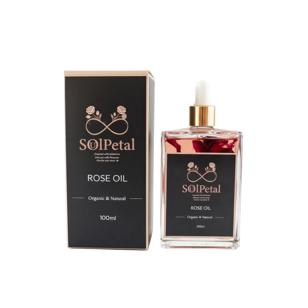 SouLPetal rose oil bottle and packaging on a white background