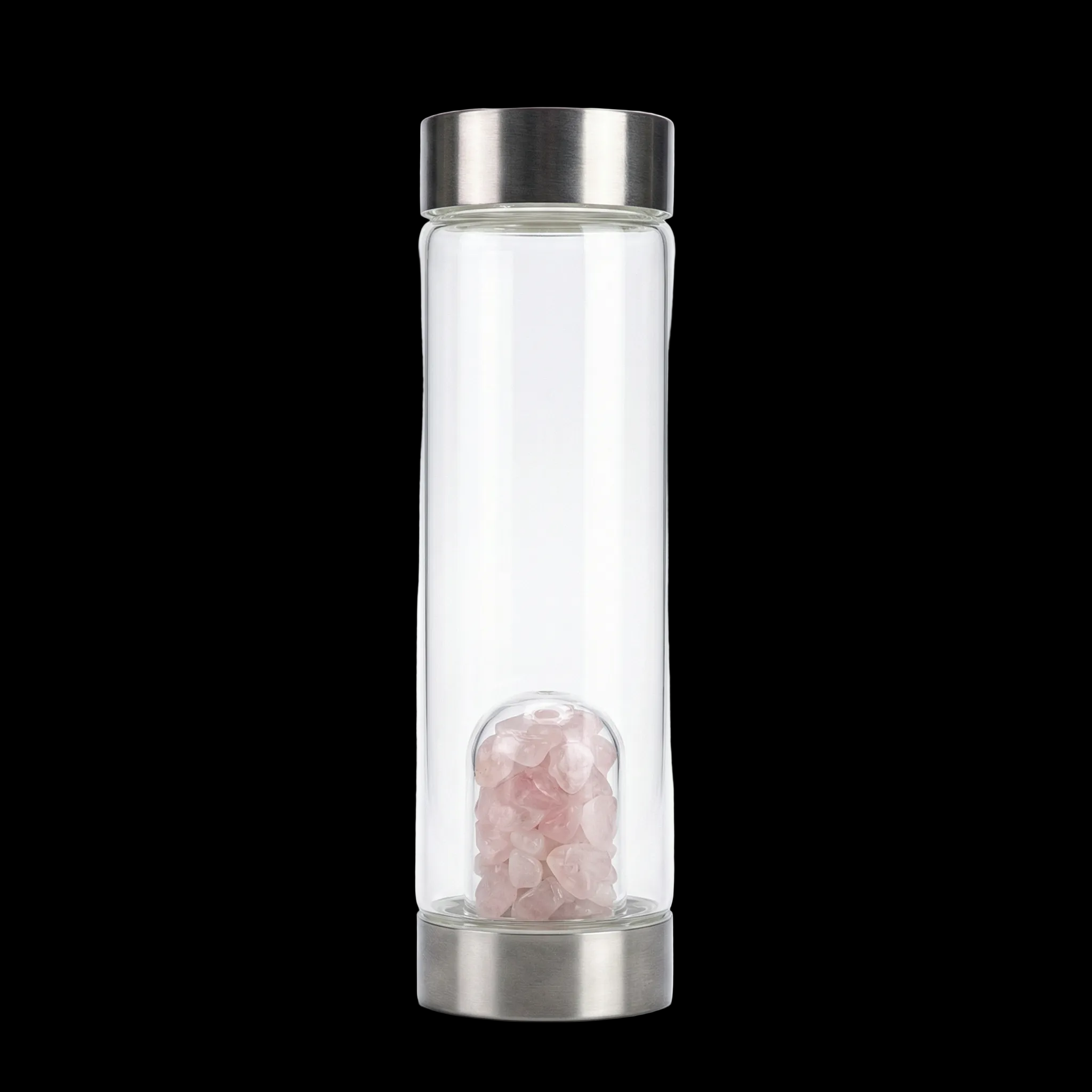 Clear glass bottle with silver lid and base containing pink crystals on a white background