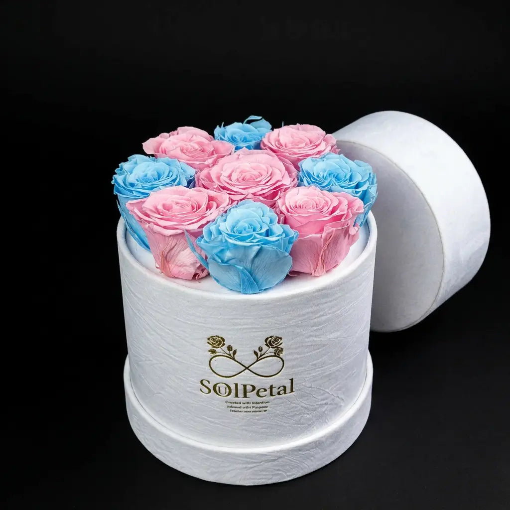 White round box with pink and blue roses and SoulPetal logo on a black background