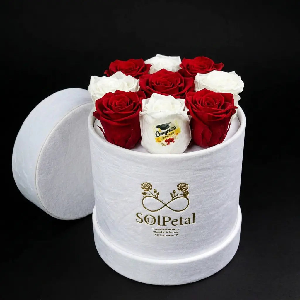 White box with red and white roses and a small card inside, branded SoulPetal .