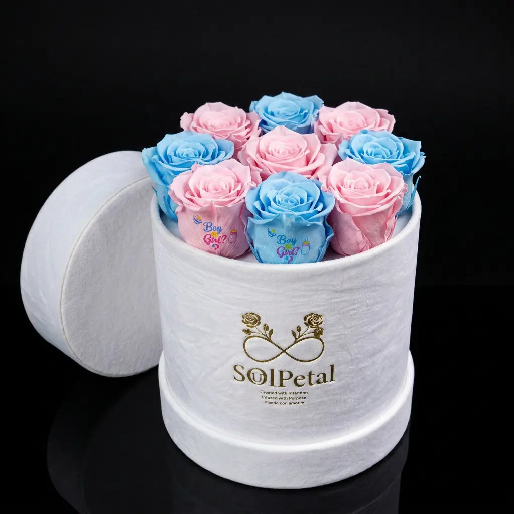 White round box with 5 pink and 4 blue roses and SoulPetal  branding on a black background