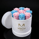 White round box with 5 pink and 4 blue roses and SoulPetal  branding on a black background